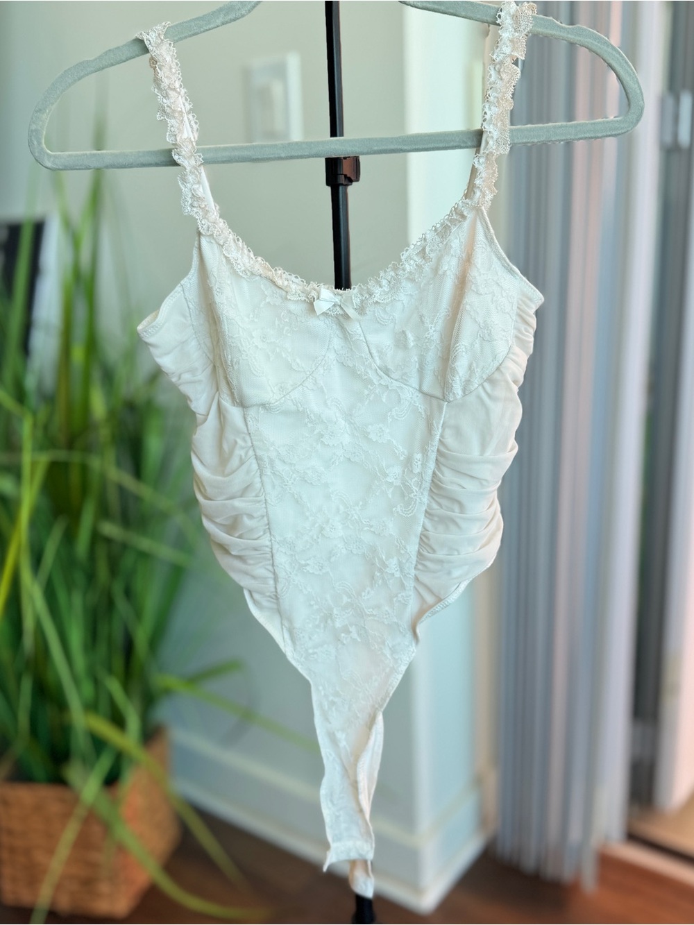 Lace Trim Ivory Bodysuit with Ruching